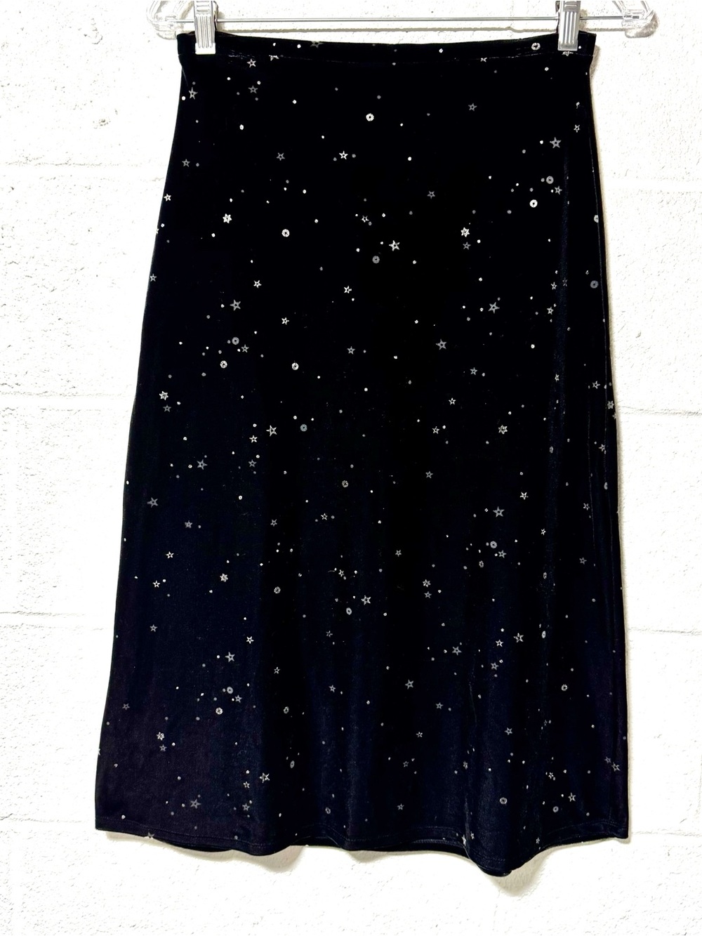 Vtg Y2K GAP Black Velvet Silver Celestial Galaxy Star Midi Skirt L Whimsigoth